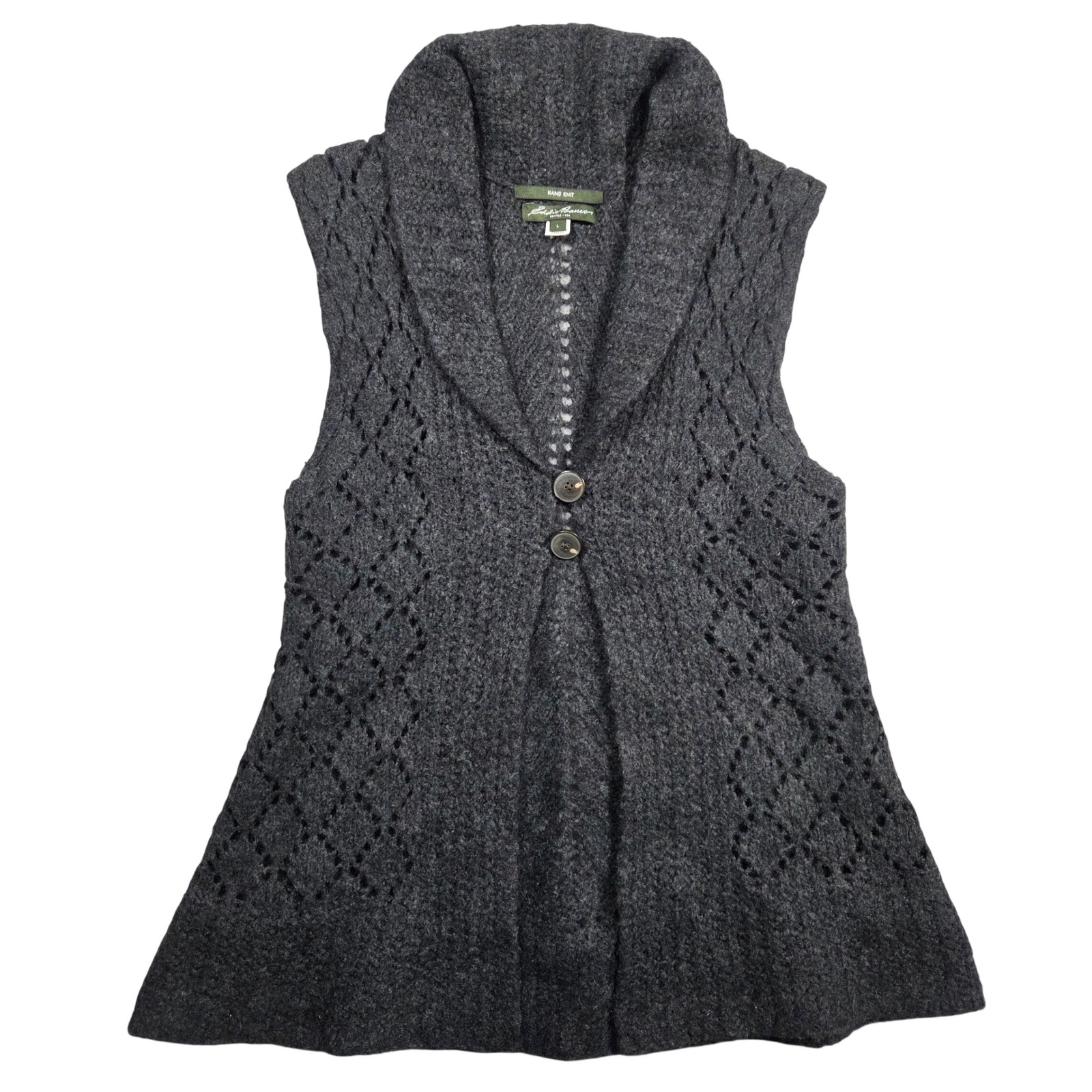 Eddie Bauer Mohair Hand Knit Dark Gray Shawl Collar Sweater Vest Women L Peasant